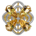 Citrine Flower Ring With Diamonds 8.79 Carats Gold Plated Silver