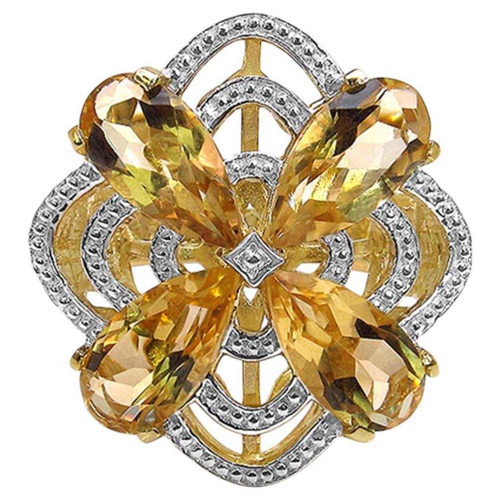 Citrine Flower Ring With Diamonds 8.79 Carats Gold Plated Silver