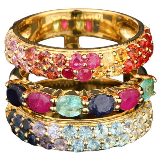 Natural Mixed Gemstones Ring 3.23 Carats Gold Plated Silver