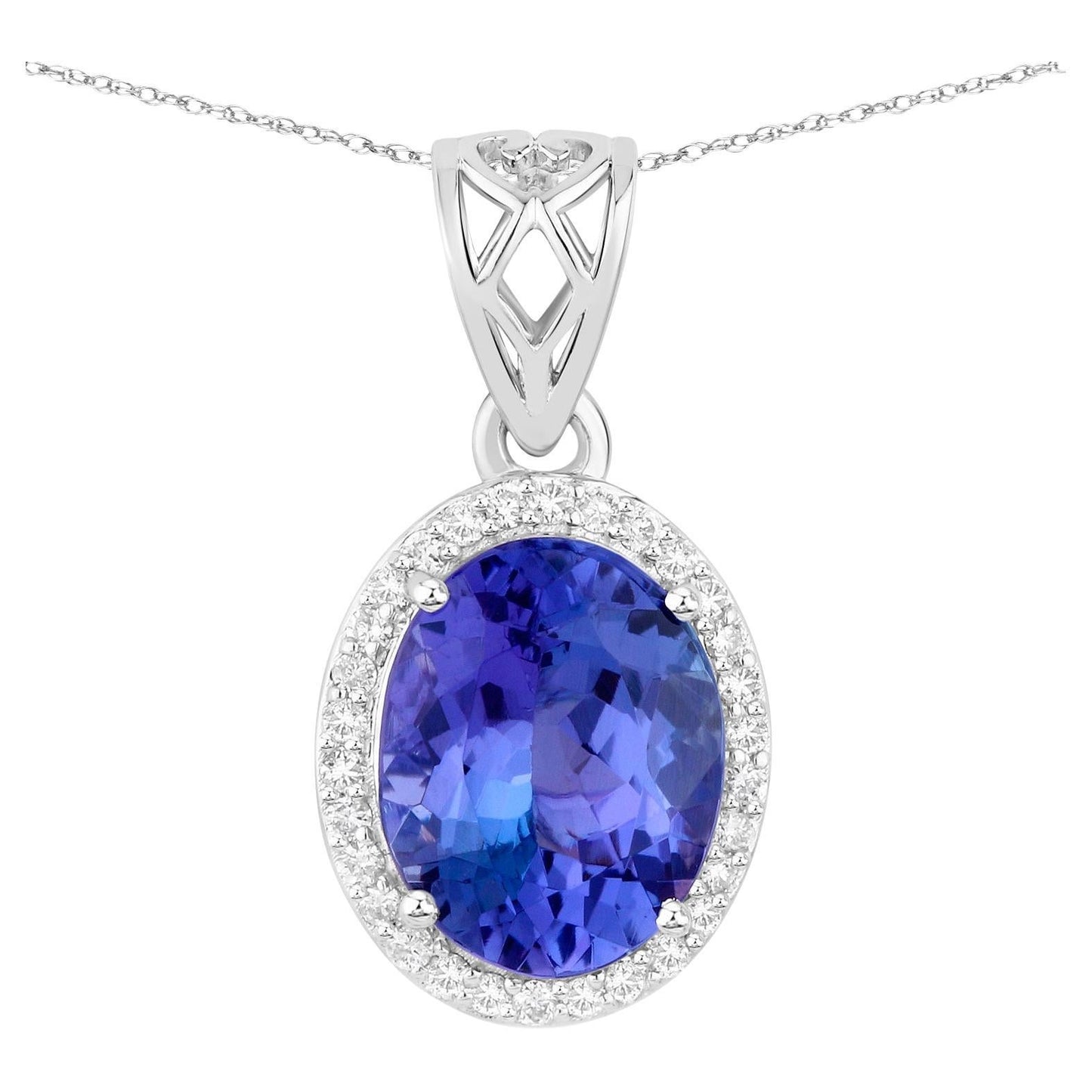 Tanzanite Pendant Necklace With Diamond Halo 2.8 Carats Total 14K Gold