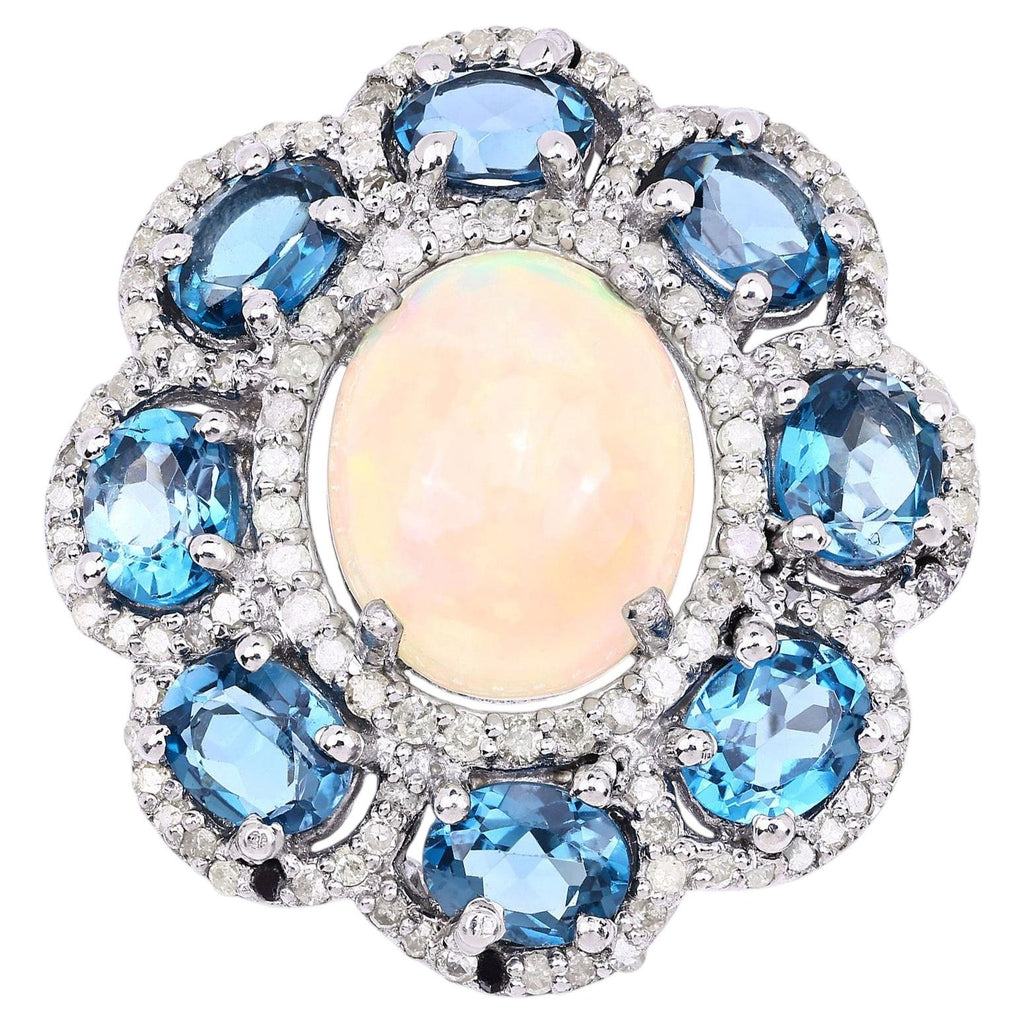 Opal Ring With London Blue Topaz 6.34 Carats Sterling Silver