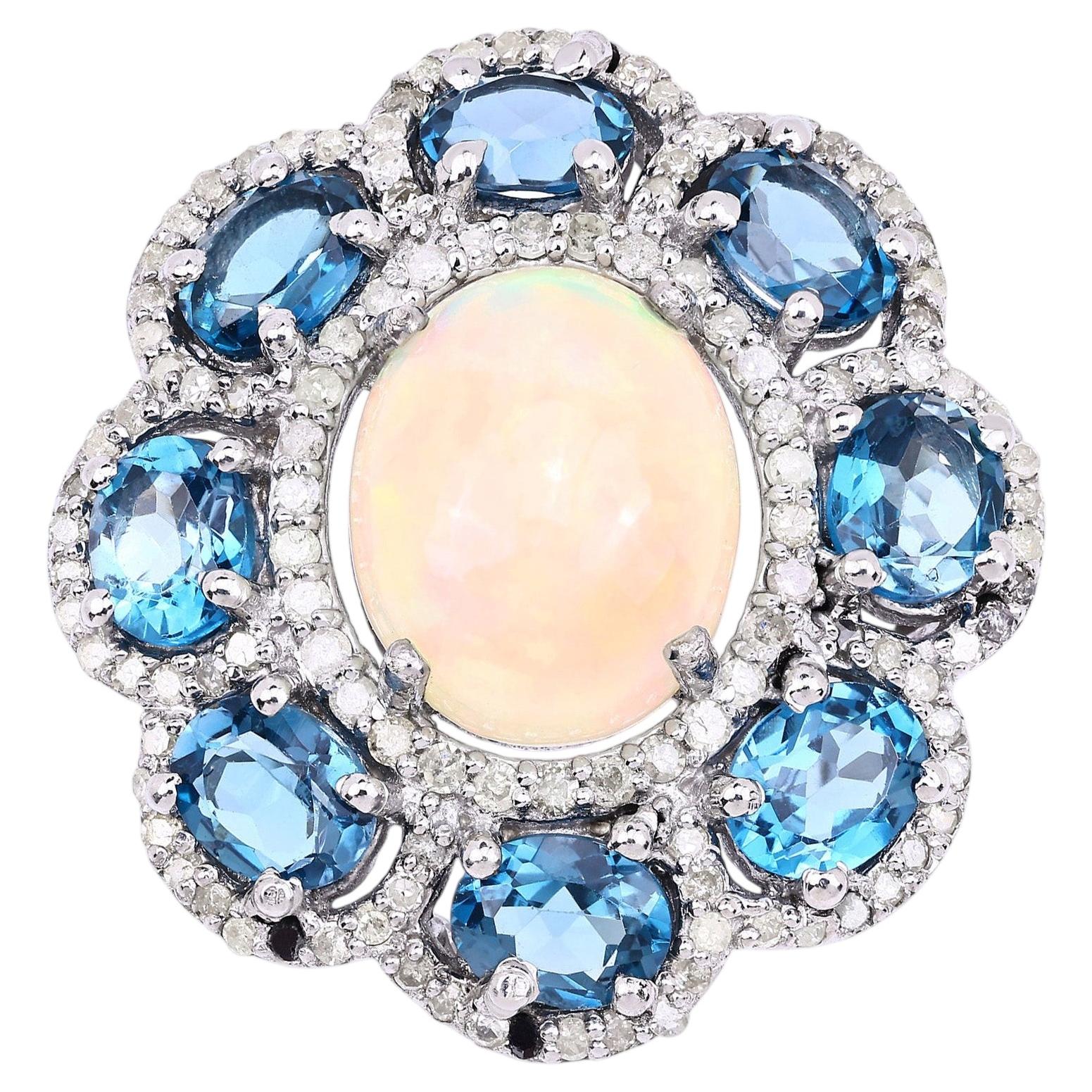 Opal Ring With London Blue Topaz 6.34 Carats Sterling Silver