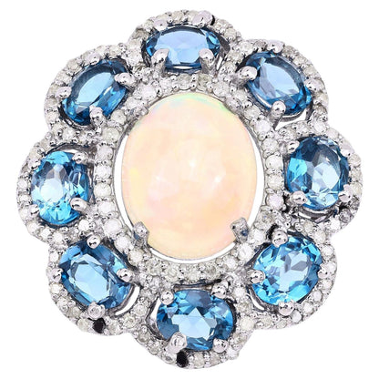 Opal Ring With London Blue Topaz 6.34 Carats Sterling Silver