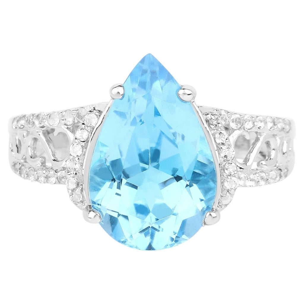 Swiss Blue Topaz Ring With White Topaz 5.36 Carats Sterling Silver