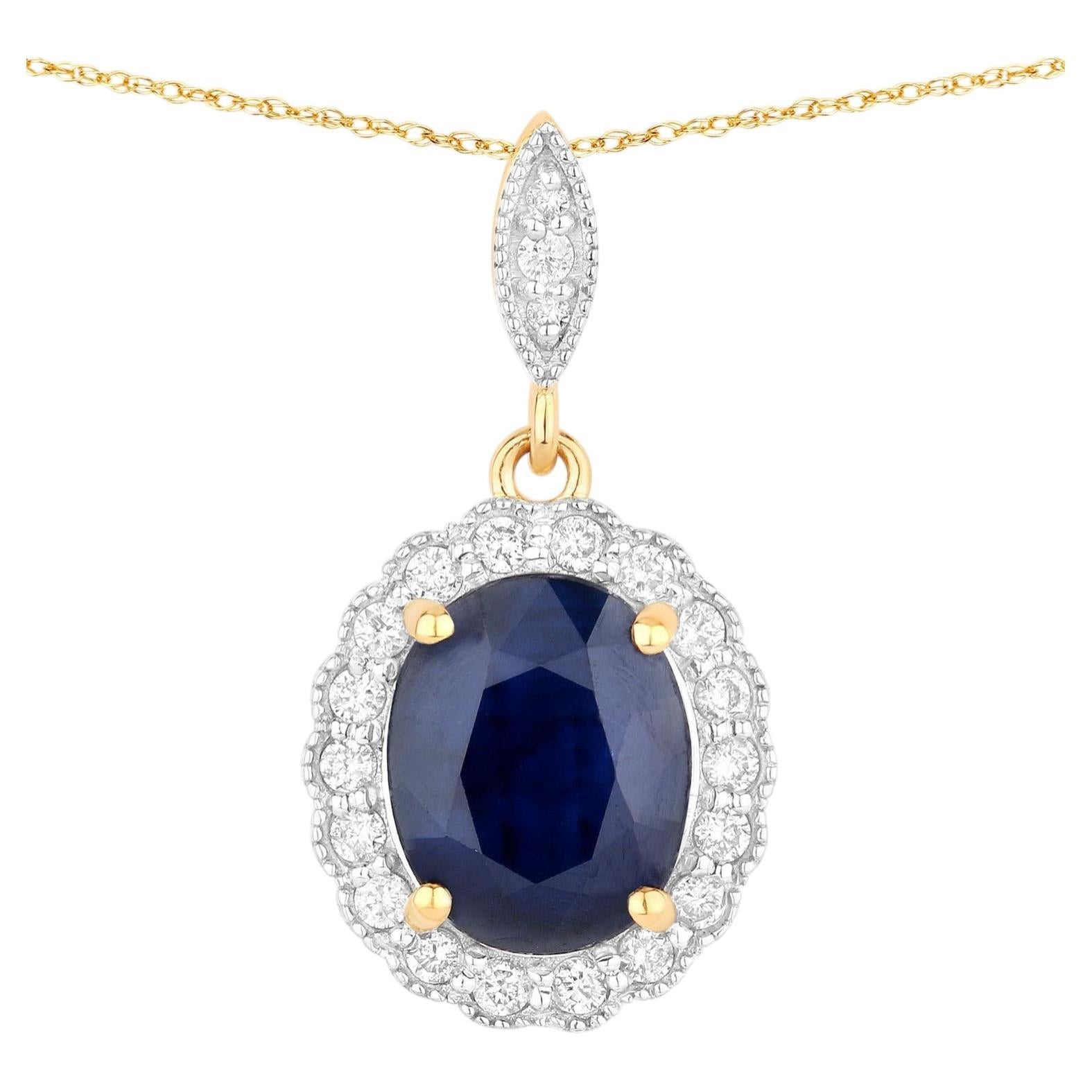 Blue Sapphire Pendant With Diamonds 3.35 Carats 14K Yellow Gold