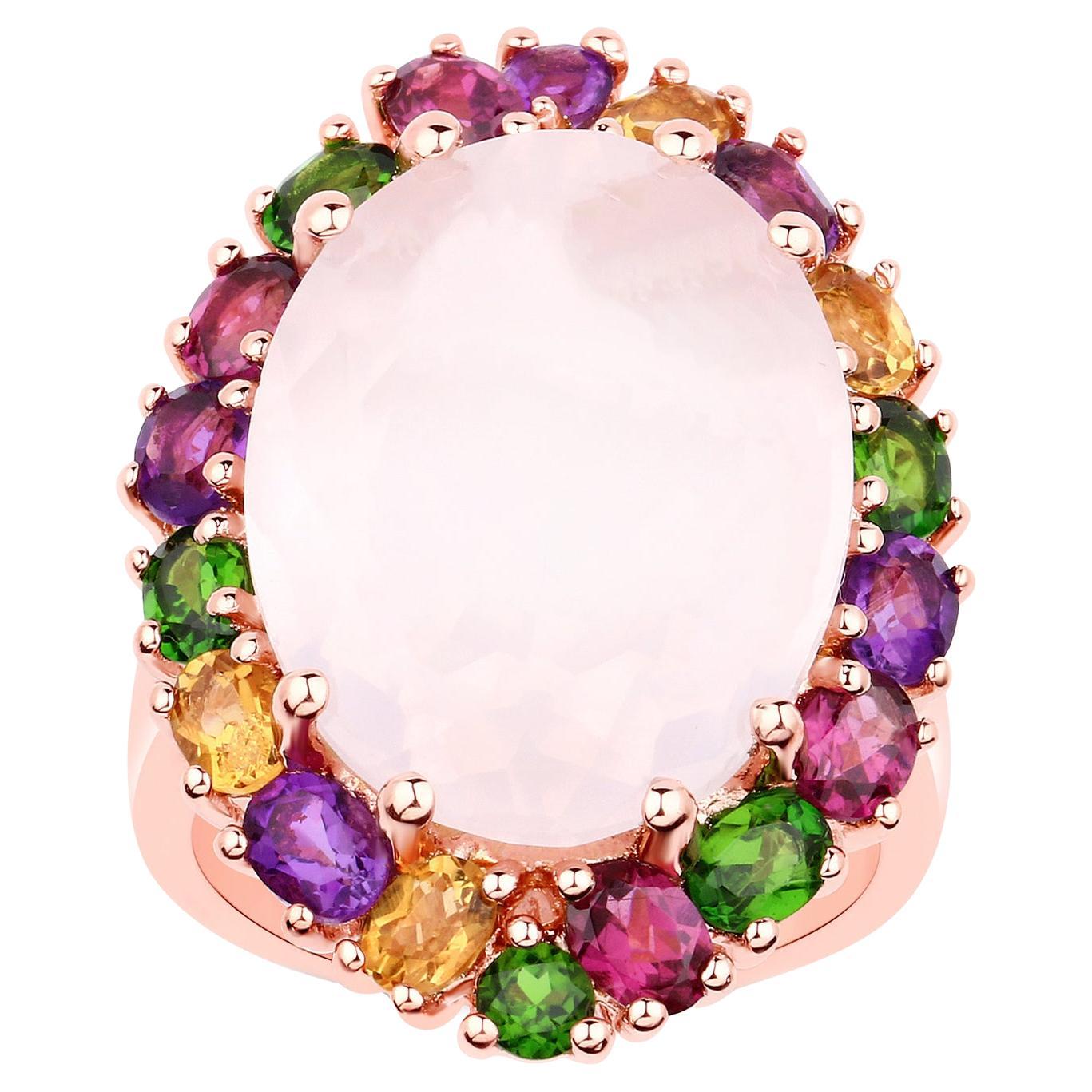 Natural Rose Quartz Cocktail Ring Multicolored Gemstones 14K Rose Gold Plated