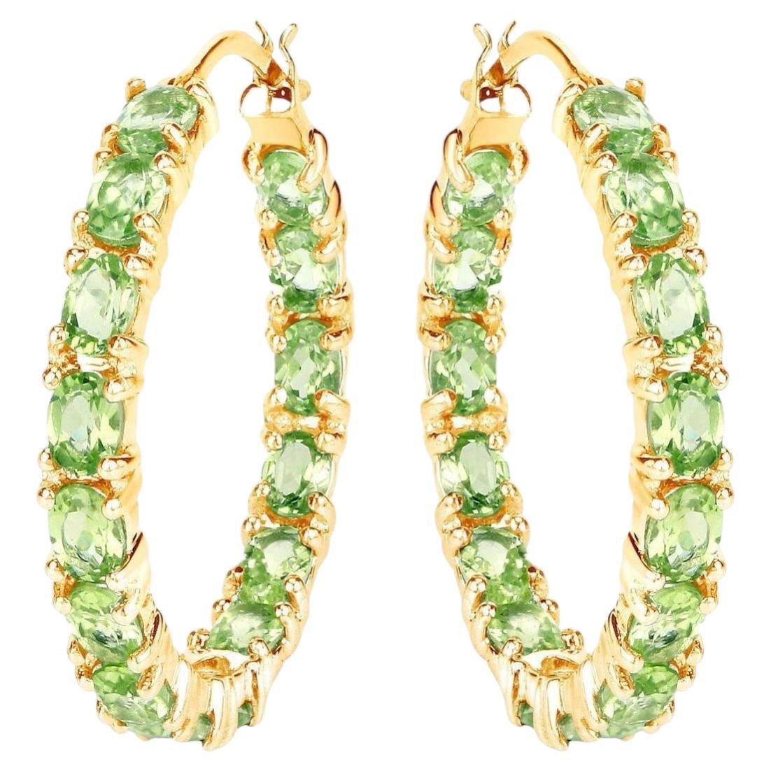 Peridot Hoop Earrings 5.08 Carats Gold Plated Silver