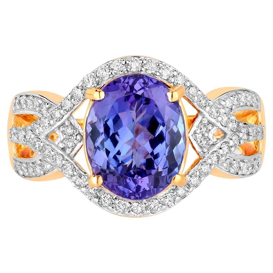 Natural Tanzanite Ring With Diamonds 3.5 Carats 14K Yellow Gold