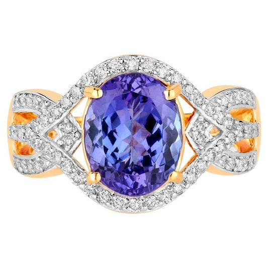 Natural Tanzanite Ring With Diamonds 3.5 Carats 14K Yellow Gold