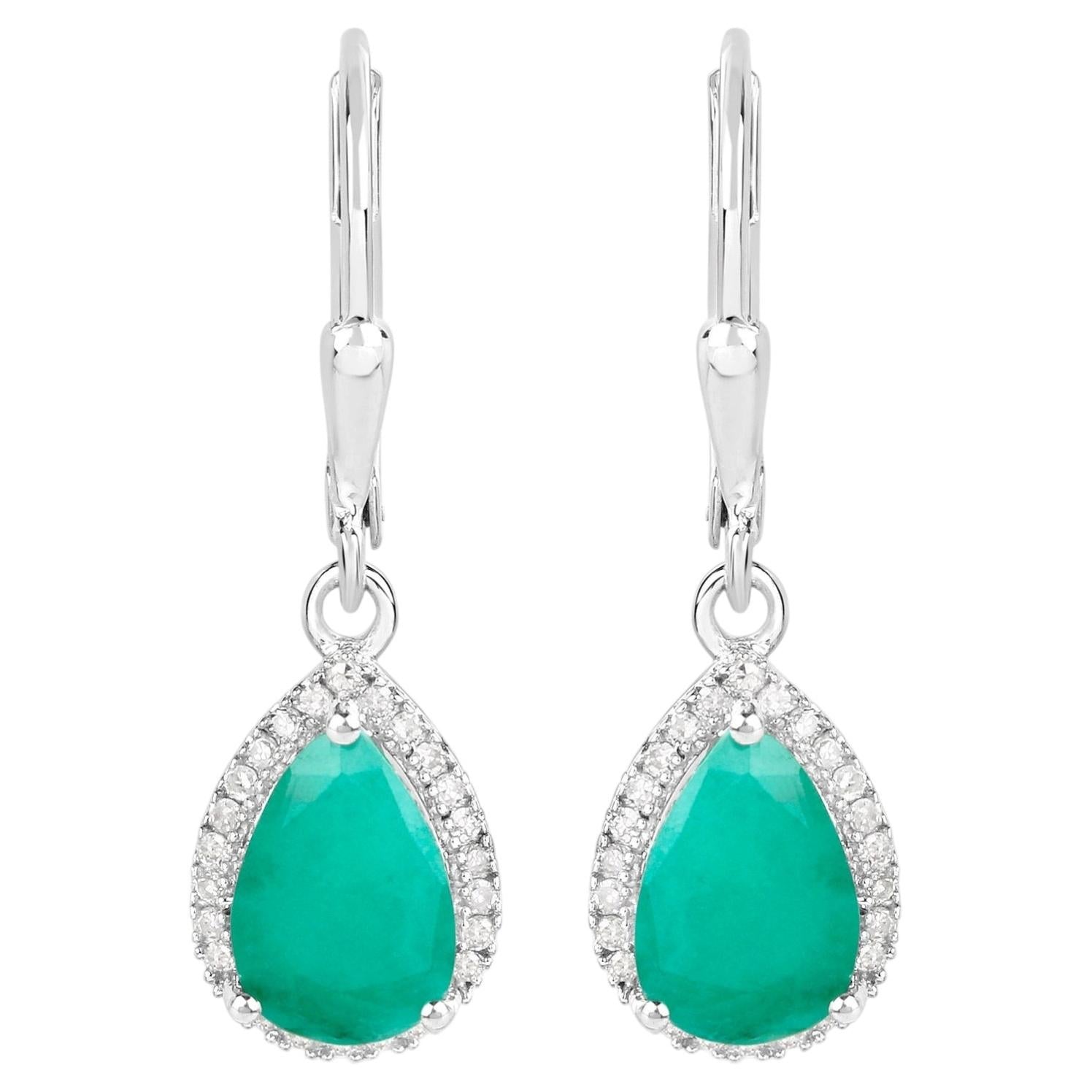 Natural Emerald Earrings With Diamonds 3.02 Carats Sterling Silver