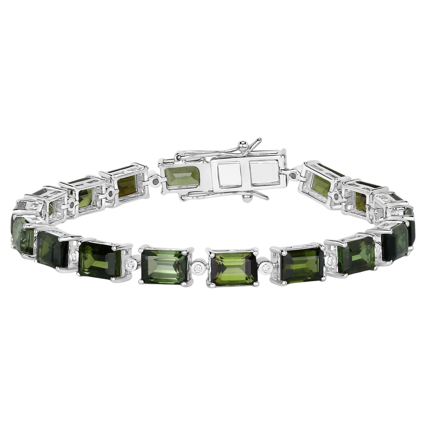 Green Tourmaline Tennis Bracelet Diamond Links 19 Carats 14K White Gold