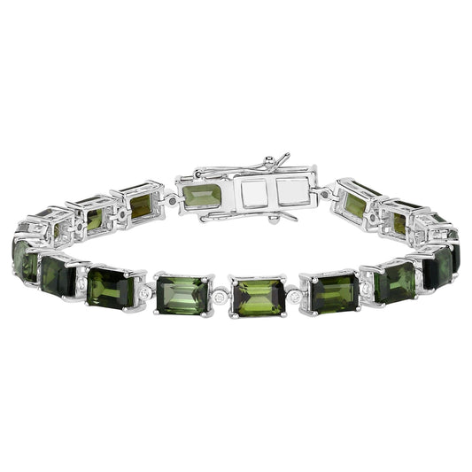 Green Tourmaline Tennis Bracelet Diamond Links 19 Carats 14K White Gold