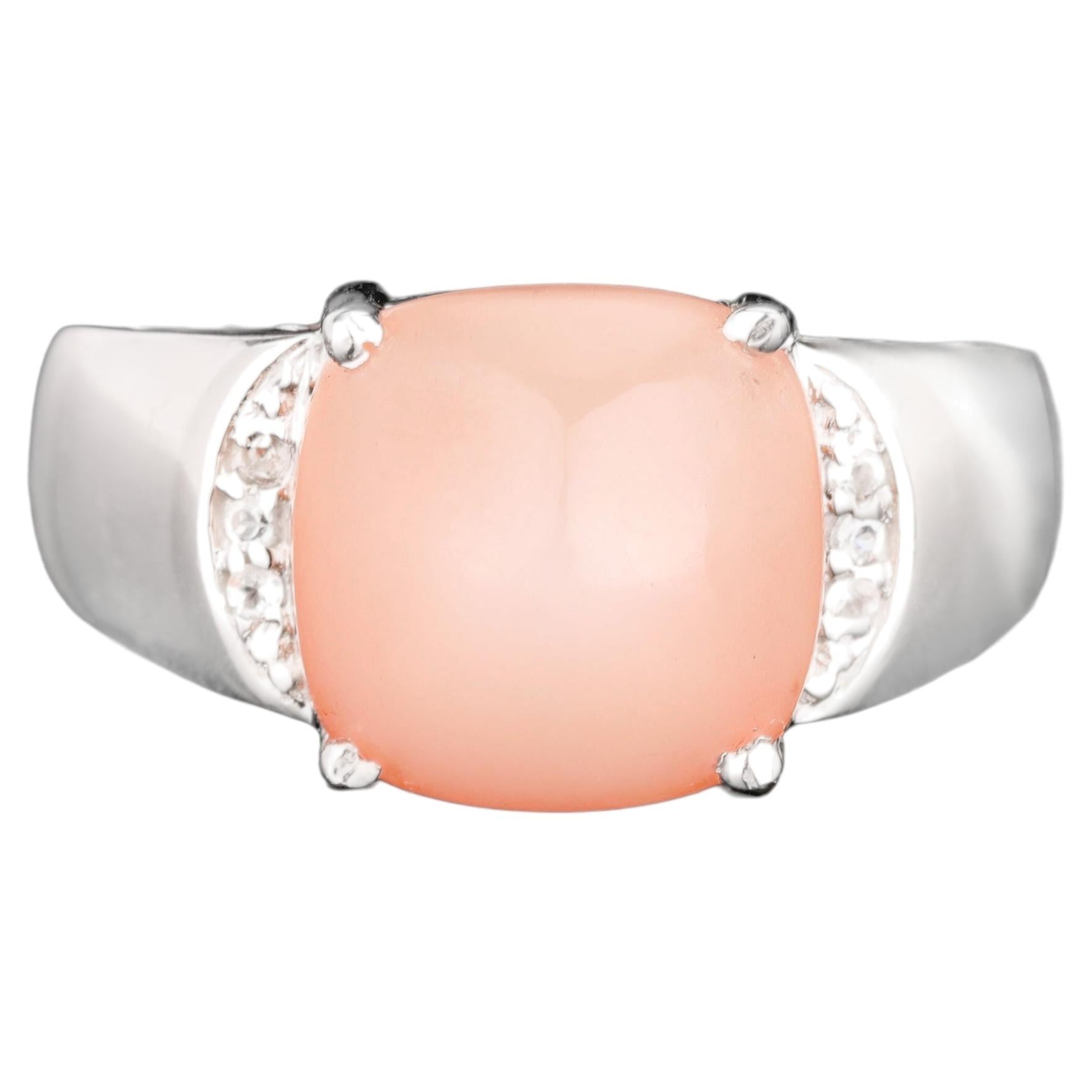 Peach Moonstone Ring With White Topaz 6.47 Carats Sterling Silver