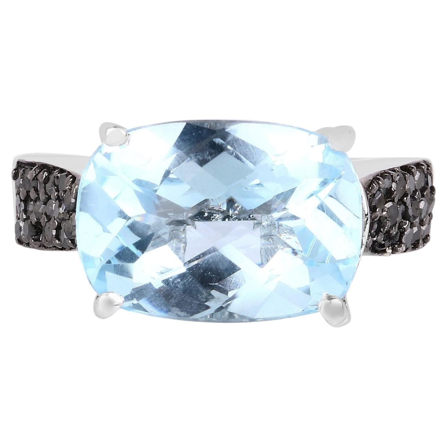 Swiss Blue Topaz Ring With Black Diamonds 3.94 Carats Sterling Silver
