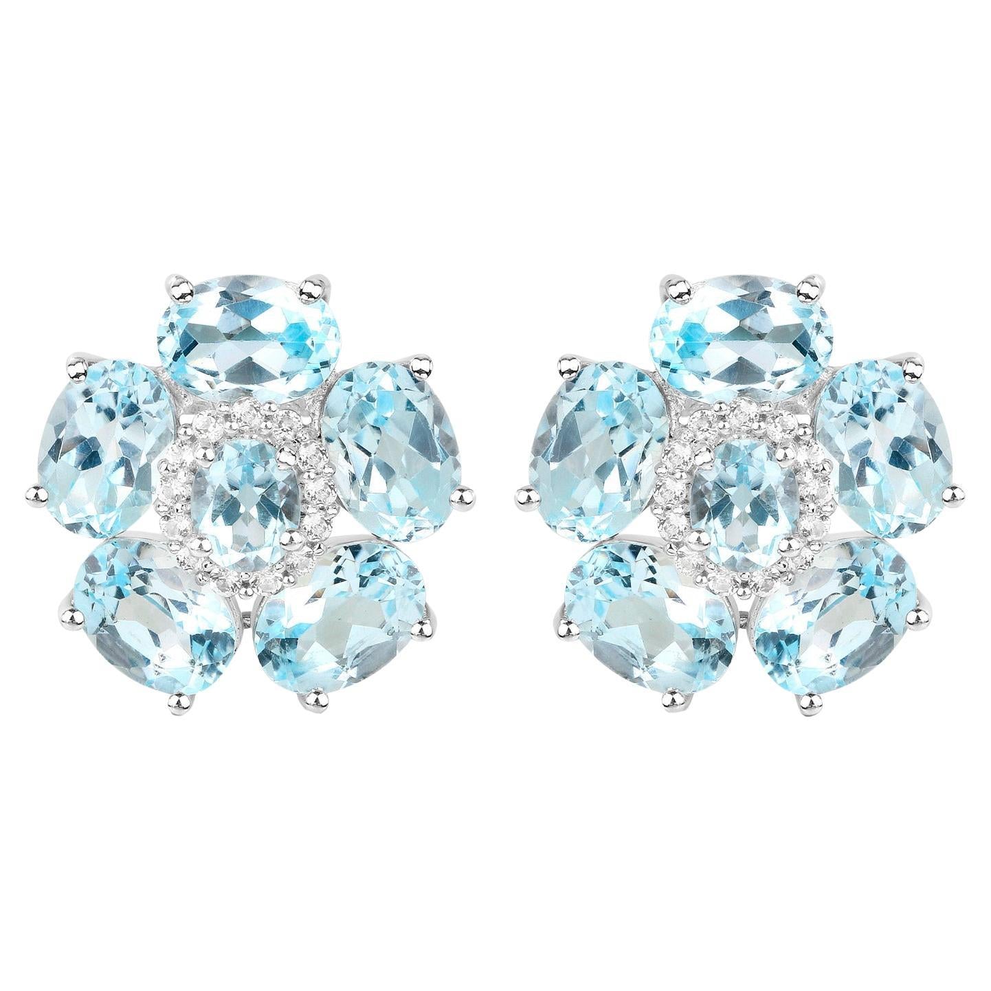 Blue Topaz Floral Earrings White Topaz 10.5 Carats 18K White Gold Plated Silver