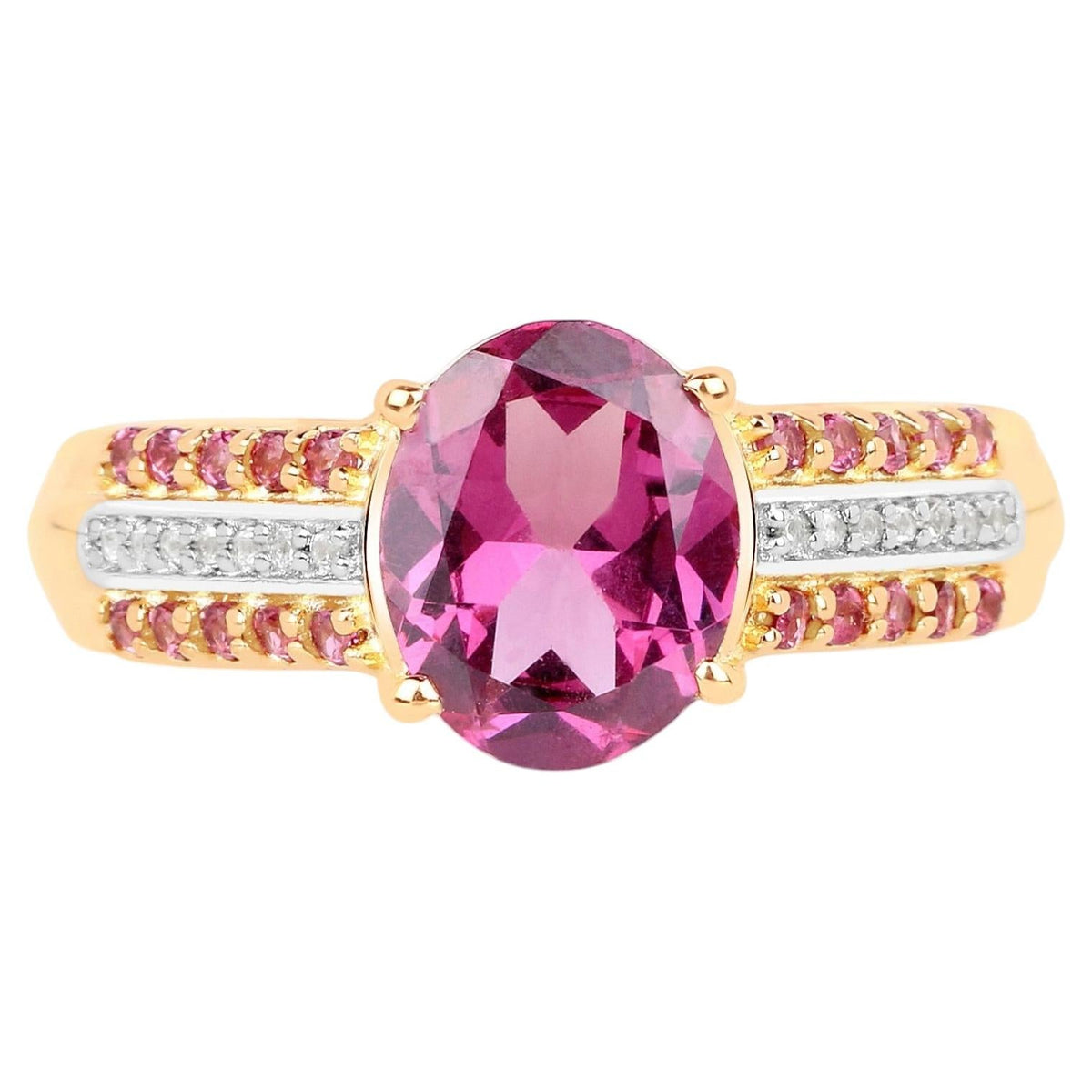 Rhodolite Garnet Ring With White Topaz 3.28 Carats Gold Plated Silver