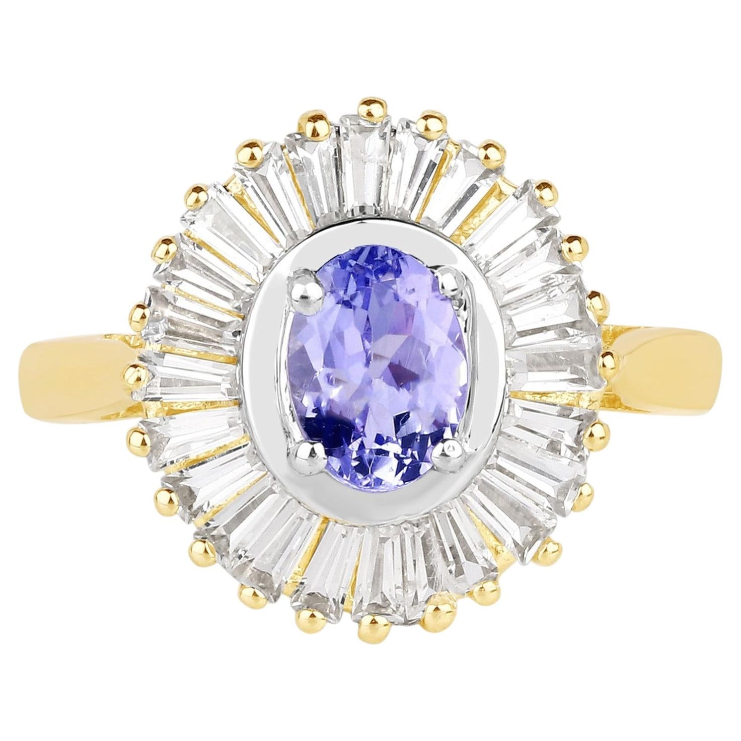 Tanzanite Ring With White Topaz 2.12 Carats Gold Plated Silver