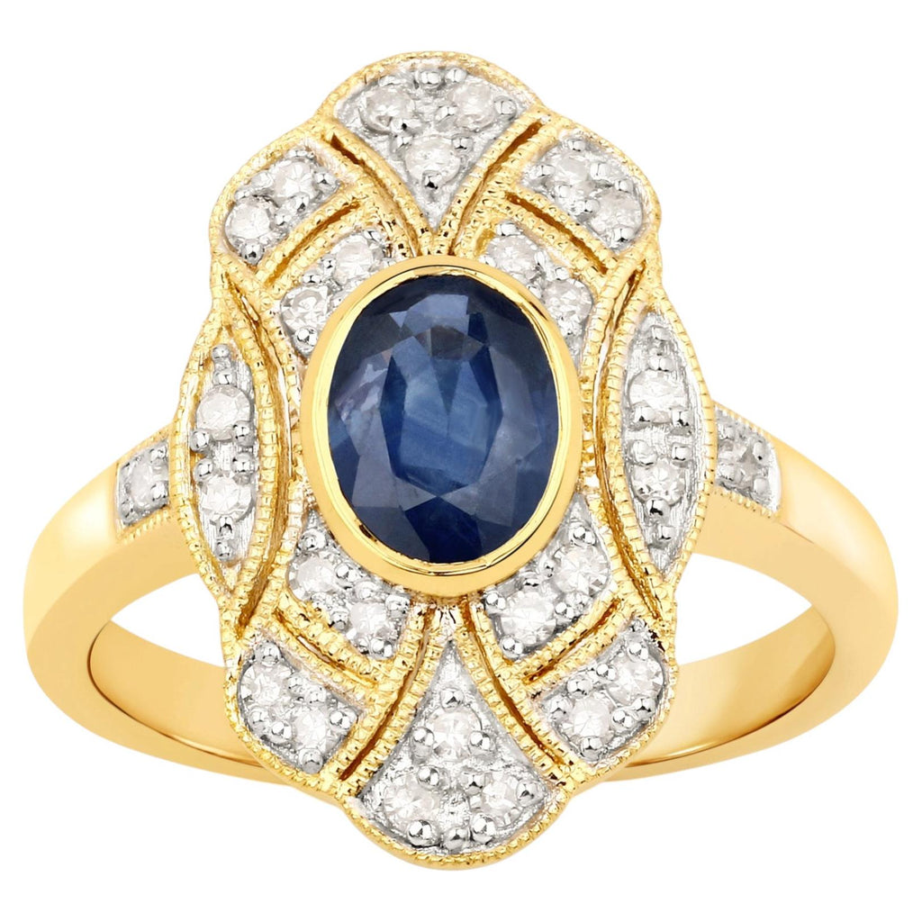Blue Sapphire Ring With Diamonds 1.26 Carats Gold Plated Silver