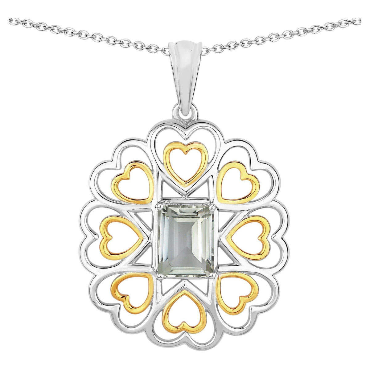 Green Amethyst Heart Pendant 2.08 Carats Gold Plated Silver