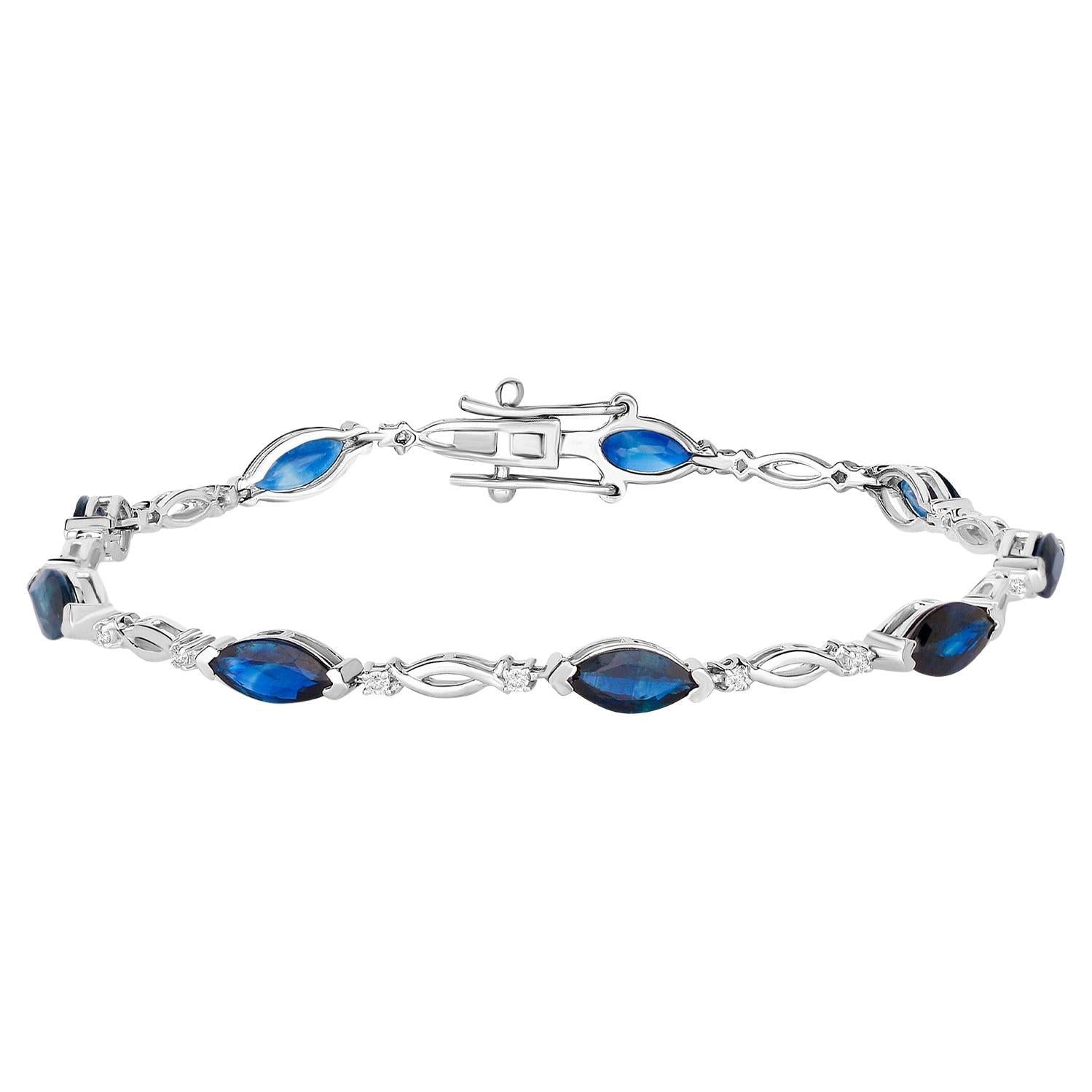 Blue Sapphire Tennis Bracelet Diamonds 5.55 Carats 14K White Gold