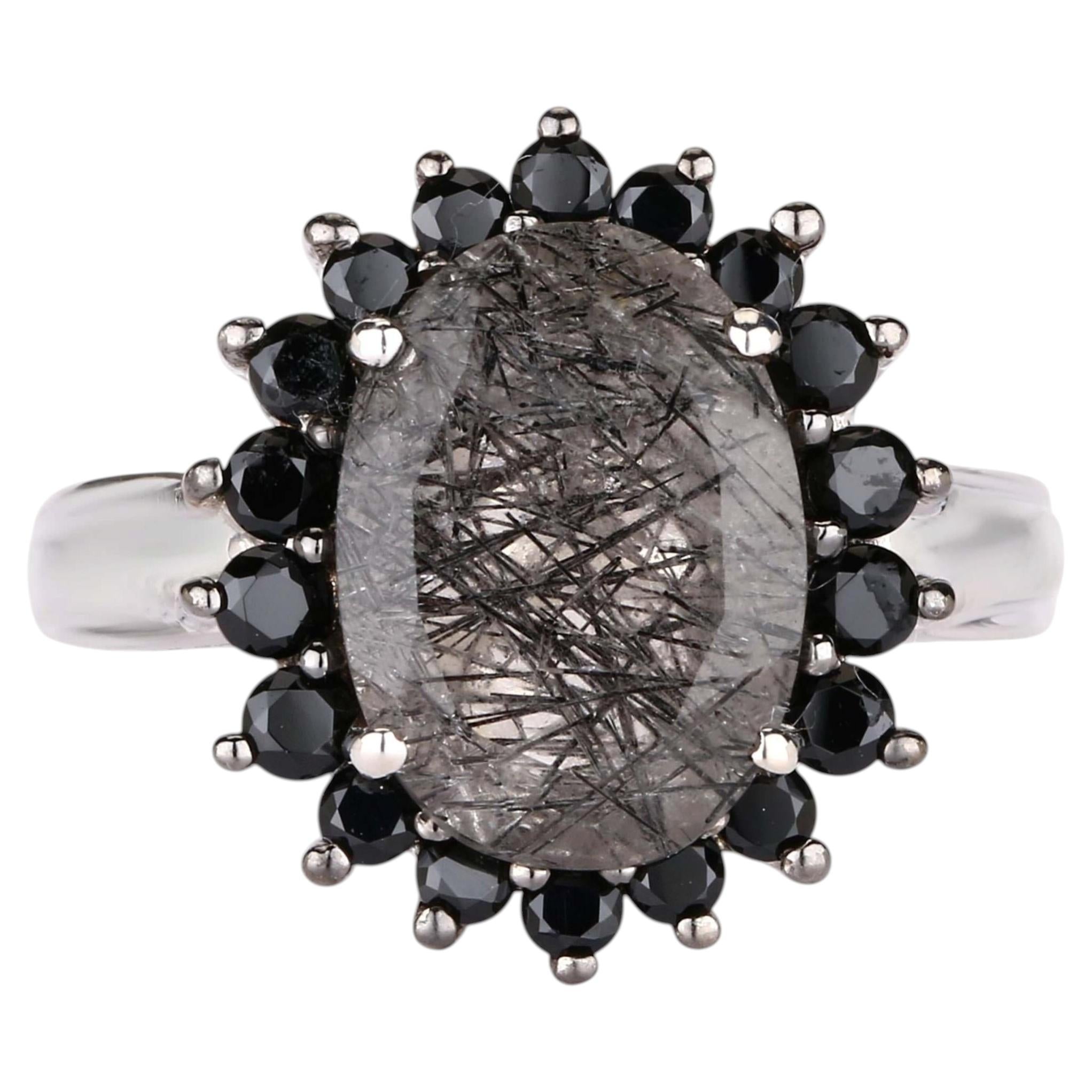 Black Rutile Ring With Black Spinel 5.90 Carats Sterling Silver