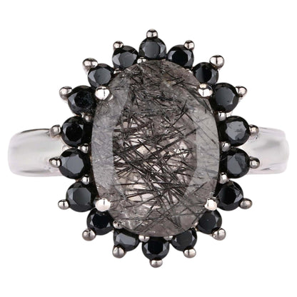 Black Rutile Ring With Black Spinel 5.90 Carats Sterling Silver
