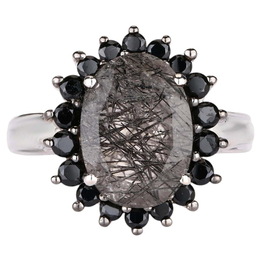 Black Rutile Ring With Black Spinel 5.90 Carats Sterling Silver