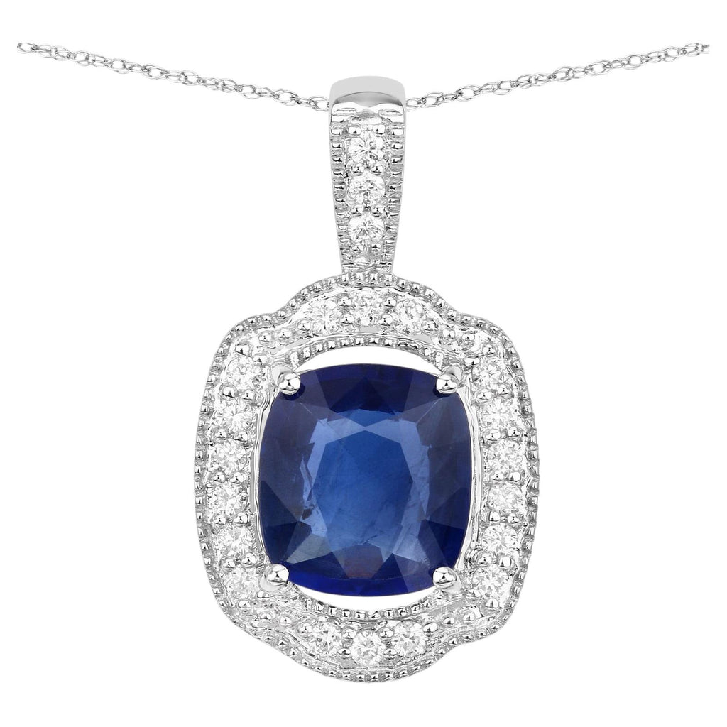Blue Sapphire Pendant With Diamonds 2.5 Carats 18K White Gold