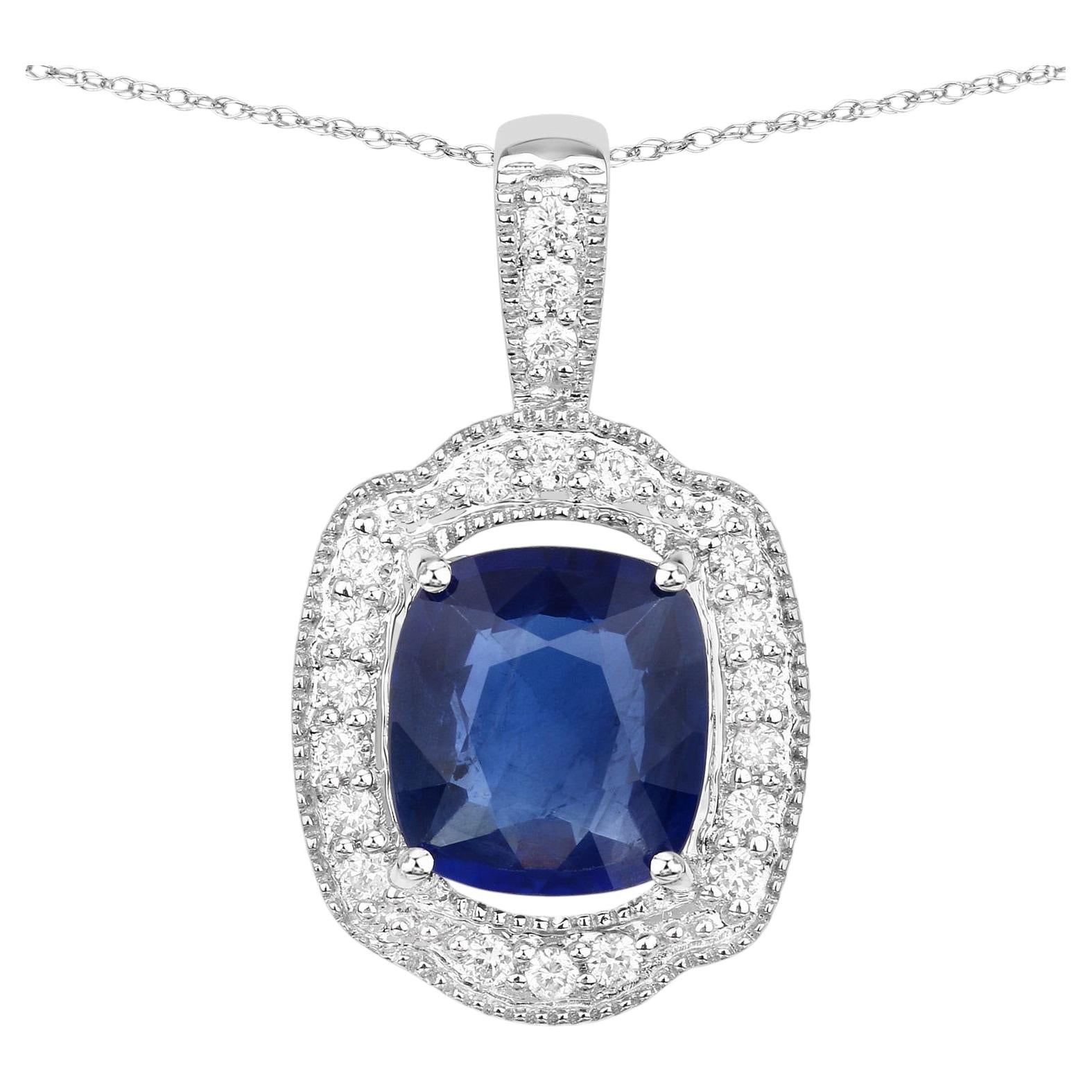 Blue Sapphire Pendant With Diamonds 2.5 Carats 18K White Gold