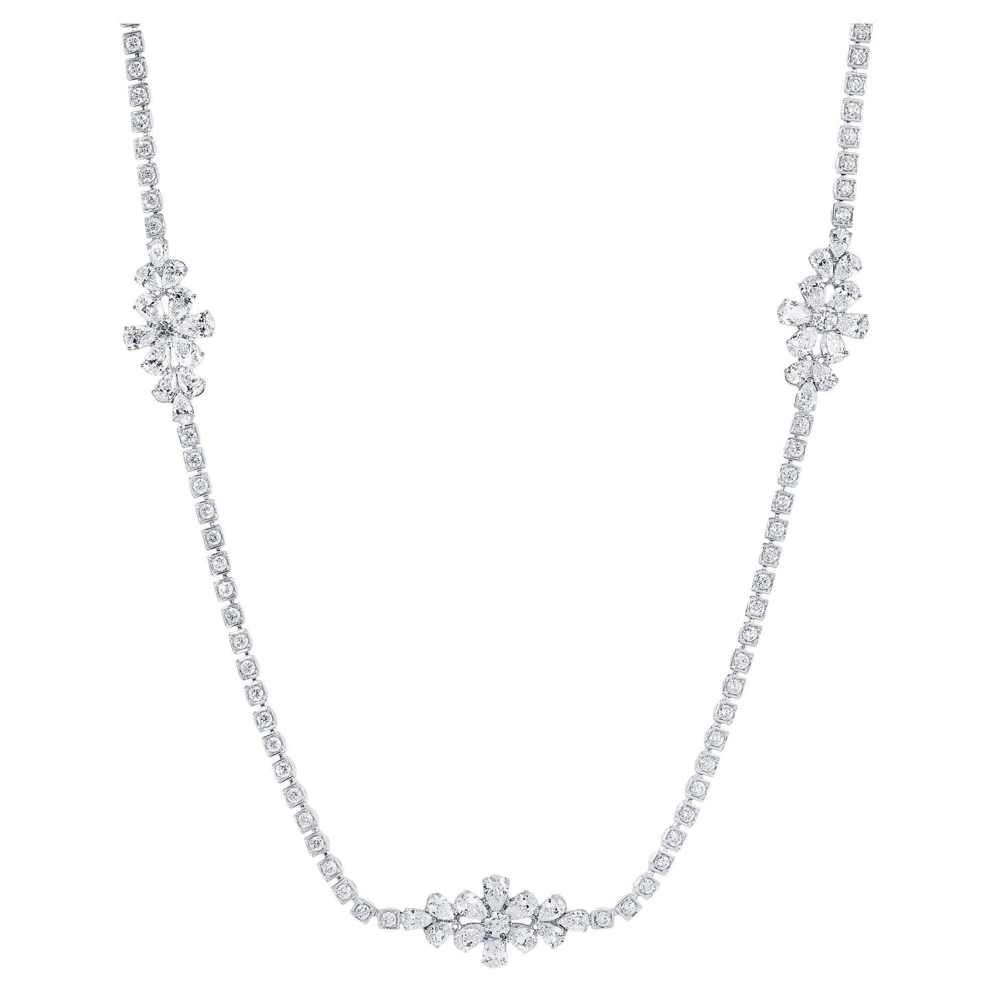 Diamond Flower Necklace 9.1 Carats Pear and Round Cut 18K White Gold