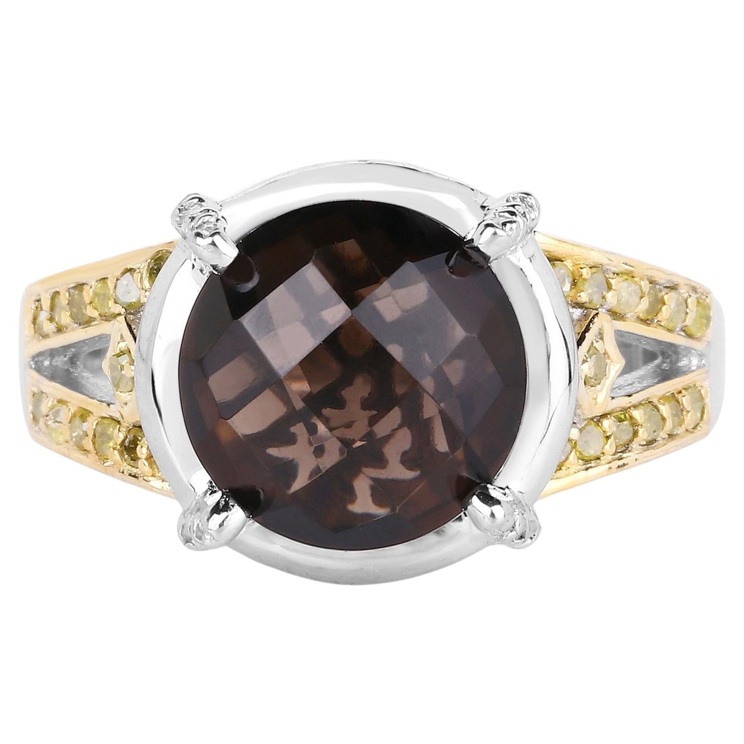 Smoky Quartz Ring With Yellow and White Diamonds 3.24 Carats Sterling Silver