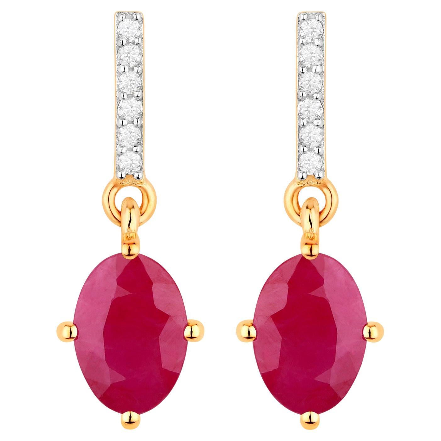 Ruby Dangle Earrings Diamonds 1.74 Carats 10K Yellow Gold