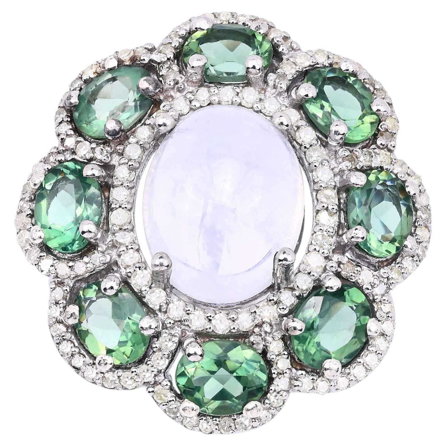 Moonstone Ring With Green Amethyst 8.58 Carats Sterling Silver