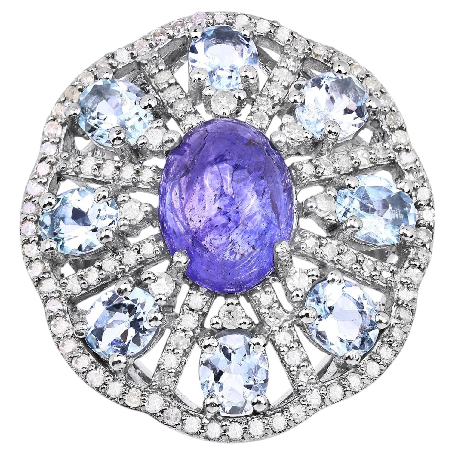 Tanzanite Ring With Aquamarine and Diamonds 7.34 Carats Sterling Silver
