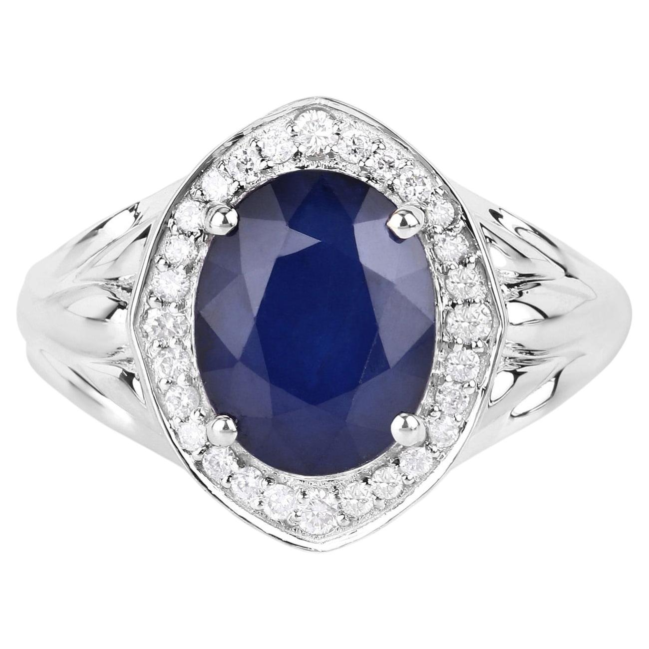 Blue Sapphire Ring With Diamonds 3.26 Carats 14K White Gold