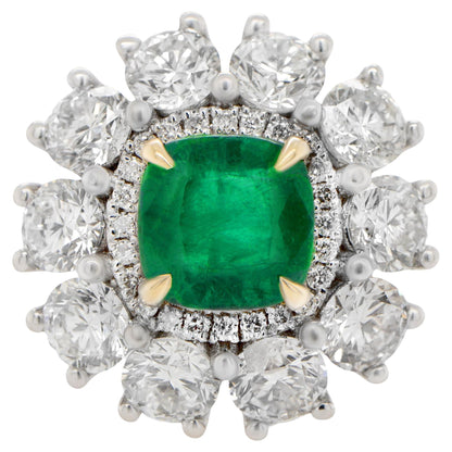 Important Emerald Ring With Large Diamond Halo Setting 5.44 Carats 18K Gold