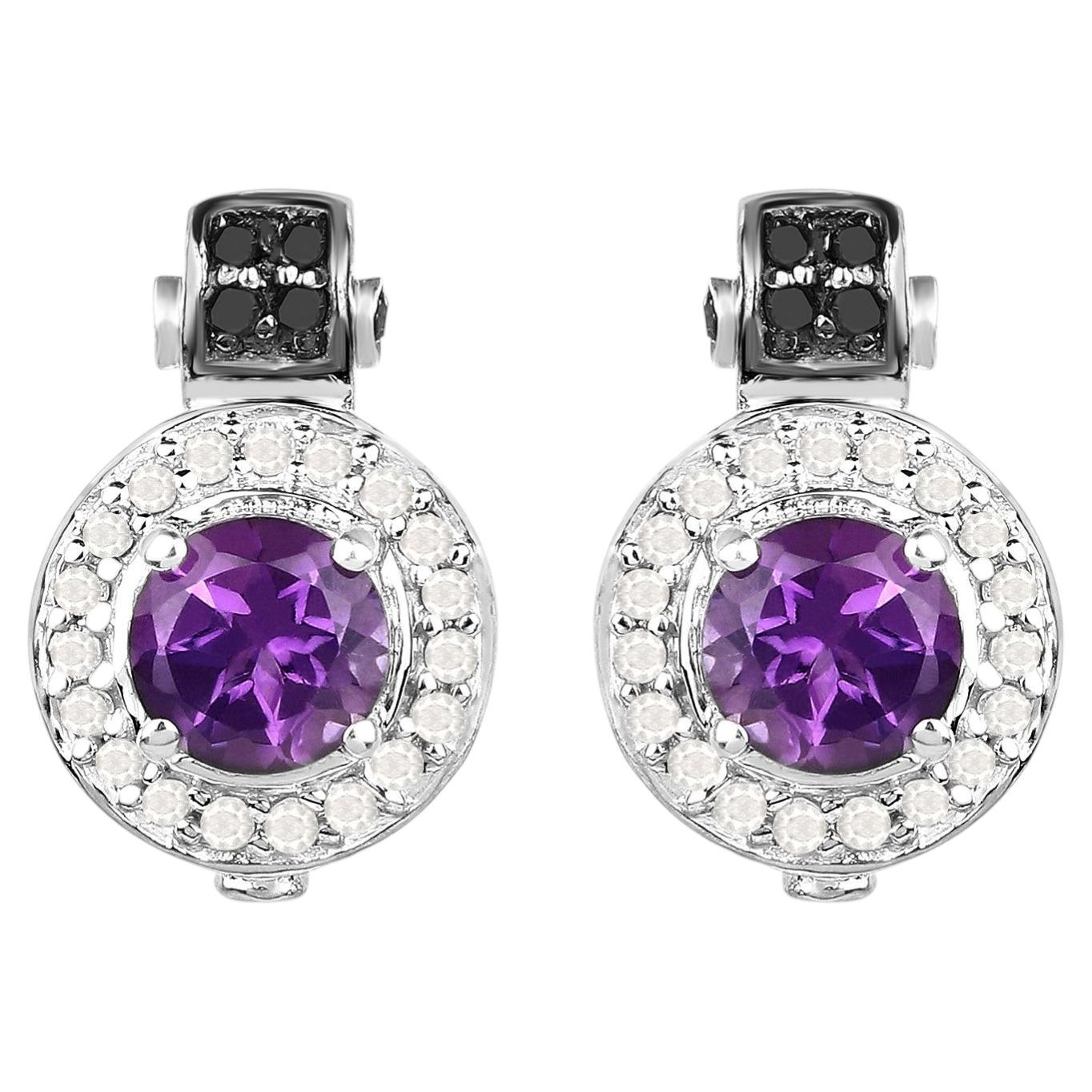 Amethyst Earrings With Diamonds 2.22 Carats Sterling Silver