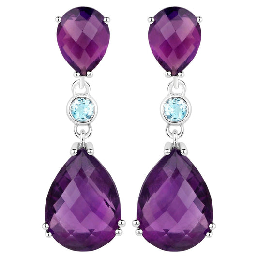 Rose Cut Amethyst Earrings Blue Topaz 11.8 Carats Sterling Silver
