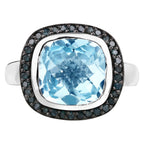 Swiss Blue Topaz Ring With Black Diamonds 5.2 Carats Sterling Silver