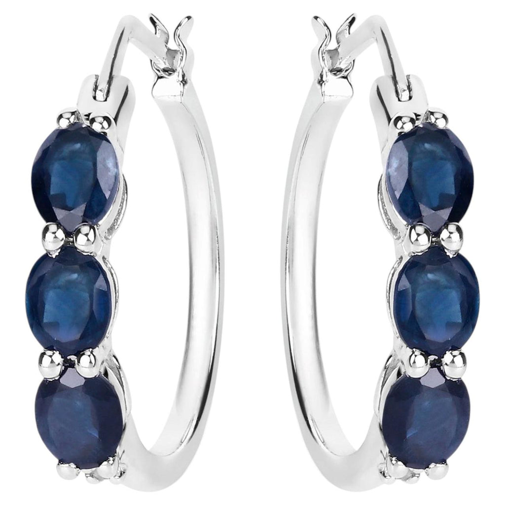 Blue Sapphire Hoop Earrings With Diamonds 2.02 Carats Sterling Silver