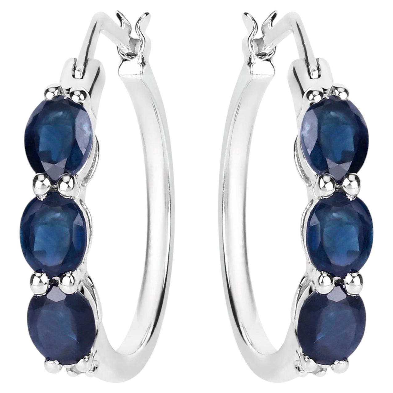 Blue Sapphire Hoop Earrings With Diamonds 2.02 Carats Sterling Silver