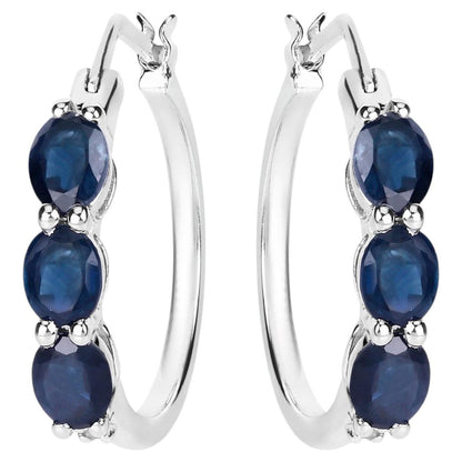 Blue Sapphire Hoop Earrings With Diamonds 2.02 Carats Sterling Silver