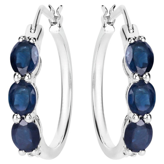 Blue Sapphire Hoop Earrings With Diamonds 2.02 Carats Sterling Silver