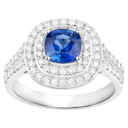 Blue Sapphire Ring With Diamonds 1.96 Carats 18K White Gold