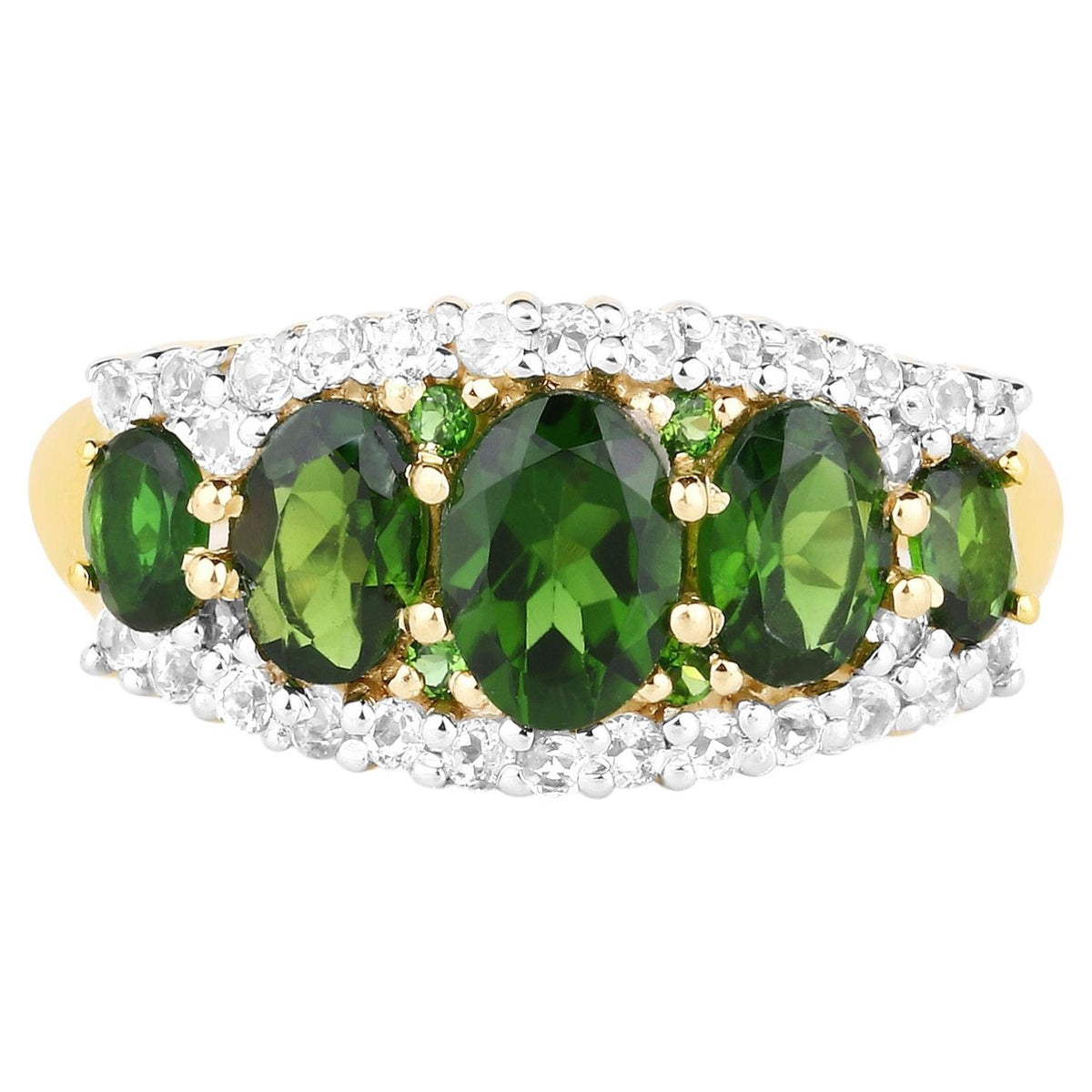 Chrome Diopside Ring With White Topaz 2.6 Carats Gold Plated Silver
