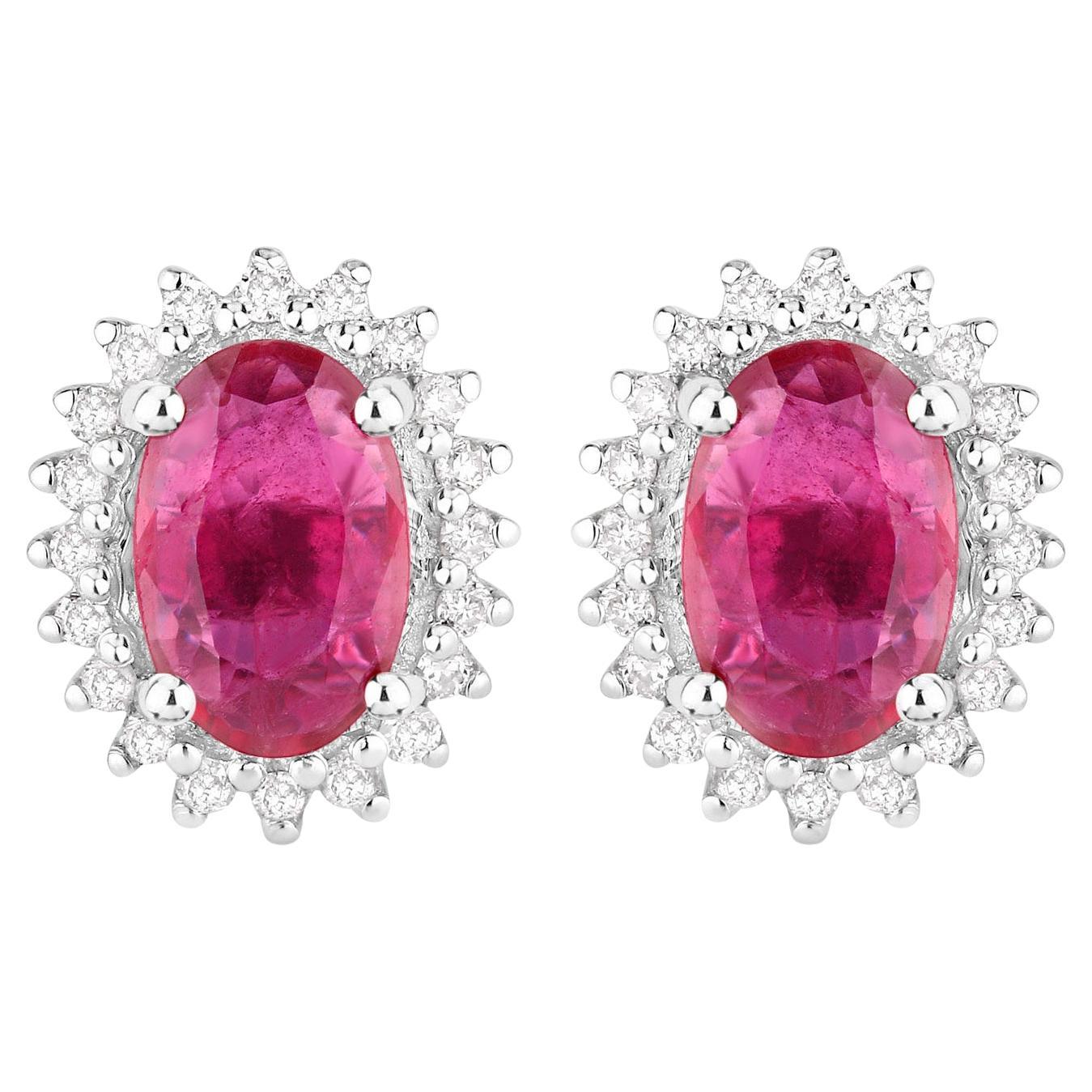 Ruby Halo Stud Earrings Diamonds 1.1 Carats 14K White Gold