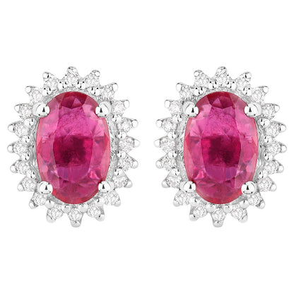 Ruby Halo Stud Earrings Diamonds 1.1 Carats 14K White Gold
