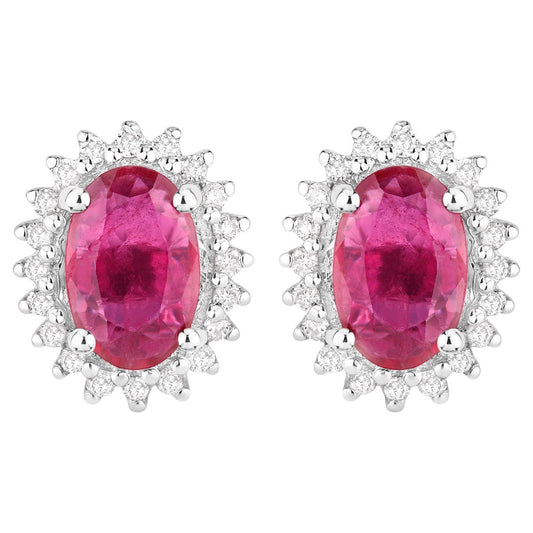 Ruby Halo Stud Earrings Diamonds 1.1 Carats 14K White Gold