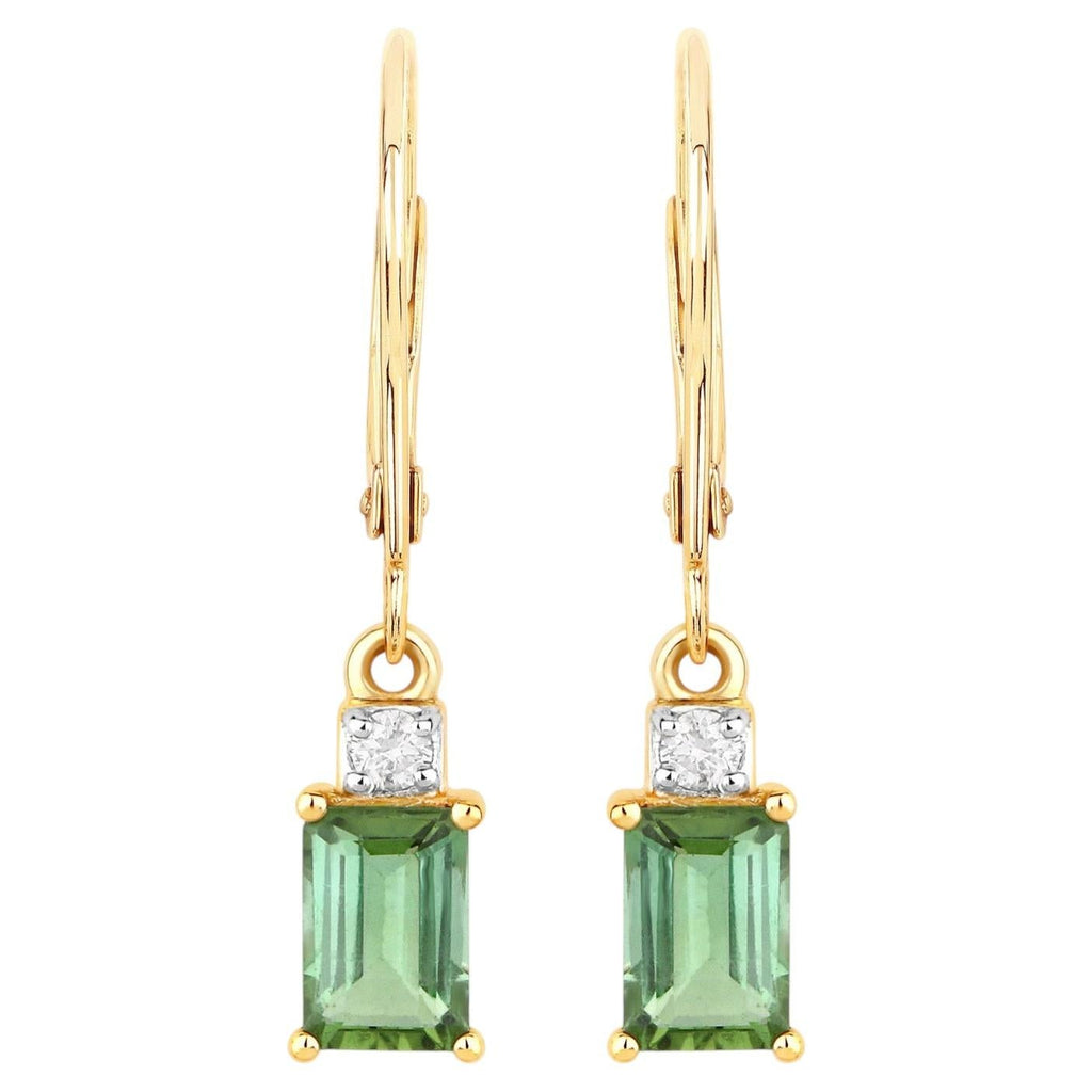 Green Tourmaline Earrings With Diamonds 1.24 Carats 14K Yellow Gold