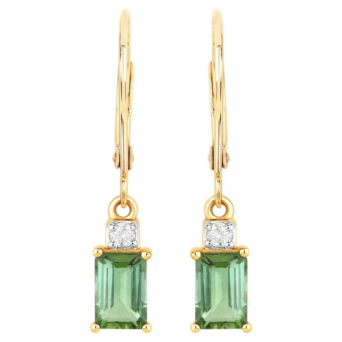 Green Tourmaline Earrings With Diamonds 1.24 Carats 14K Yellow Gold